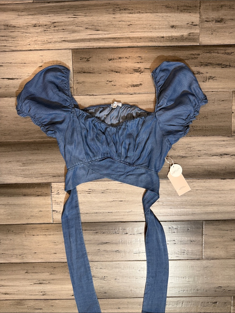 Denim Blue Puff-Sleeve Tie-Back Crop Top